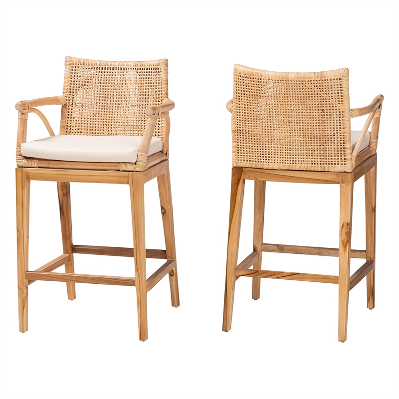 Pemberly Row Natural Rattan and Teak Wood 2-Piece Counter Stool Set
