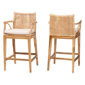Pemberly Row Natural Rattan and Teak Wood 2-Piece Counter Stool Set