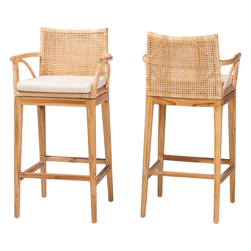 Pemberly Row Natural Rattan and Acacia Wood 2-Piece Bar Stool Set
