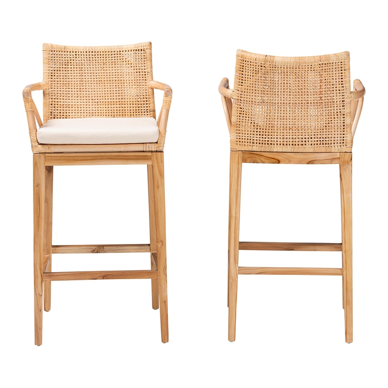 Pemberly Row Natural Rattan and Acacia Wood 2-Piece Bar Stool Set