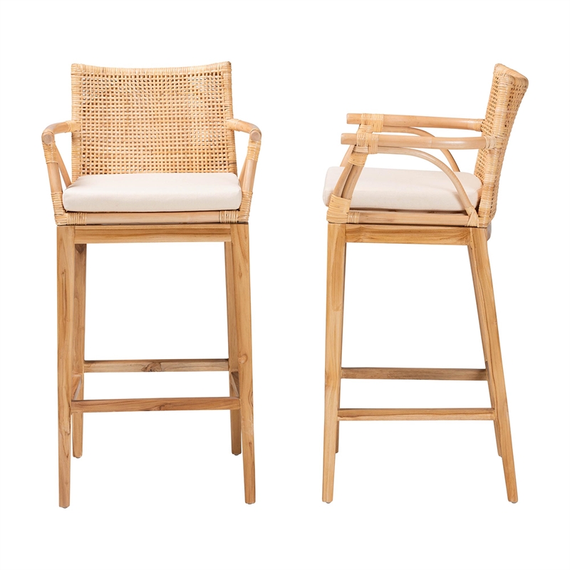 Pemberly Row Natural Rattan and Acacia Wood 2-Piece Bar Stool Set