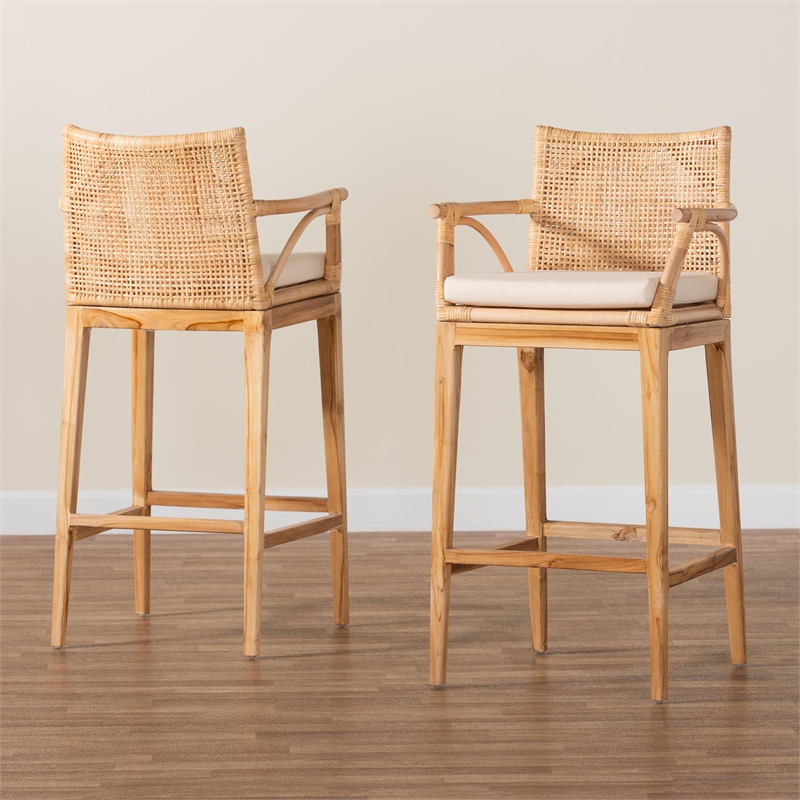 Pemberly Row Natural Rattan and Acacia Wood 2-Piece Bar Stool Set