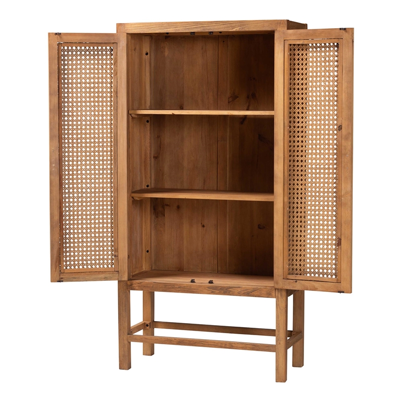 Pemberly Row Natural Rattan and Pine Wood Tall Cabinet with 3 Shelves