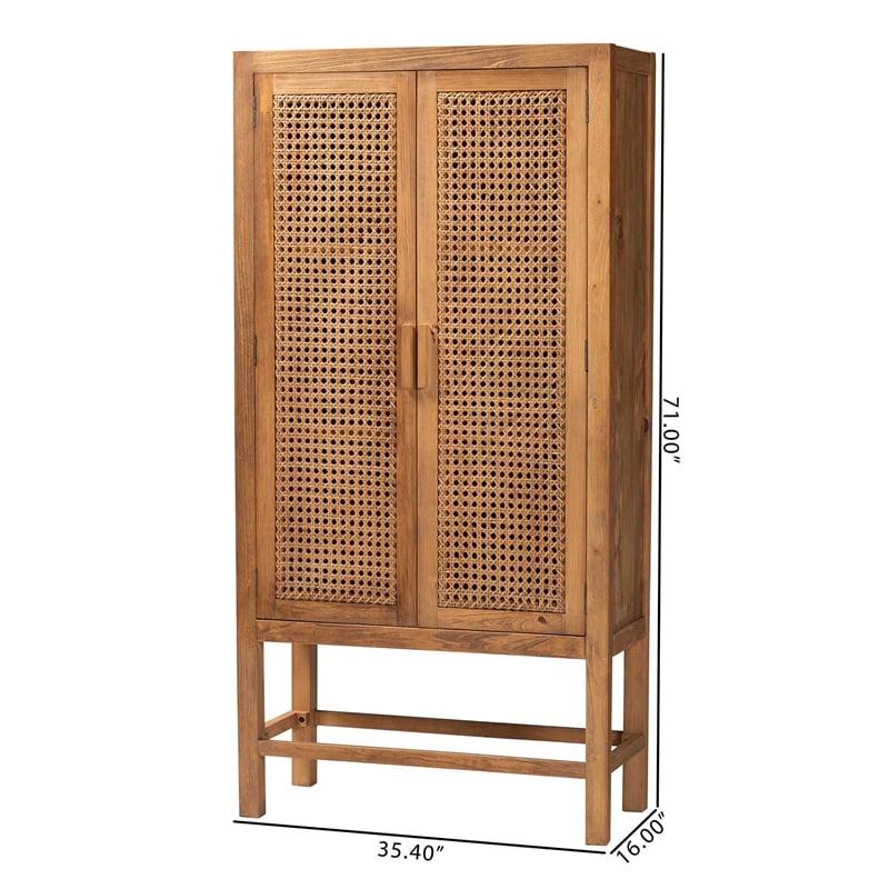 Pemberly Row Natural Rattan and Pine Wood Tall Cabinet with 3 Shelves
