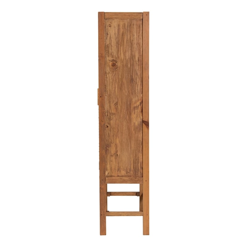 Pemberly Row Natural Rattan and Pine Wood Tall Cabinet with 3 Shelves