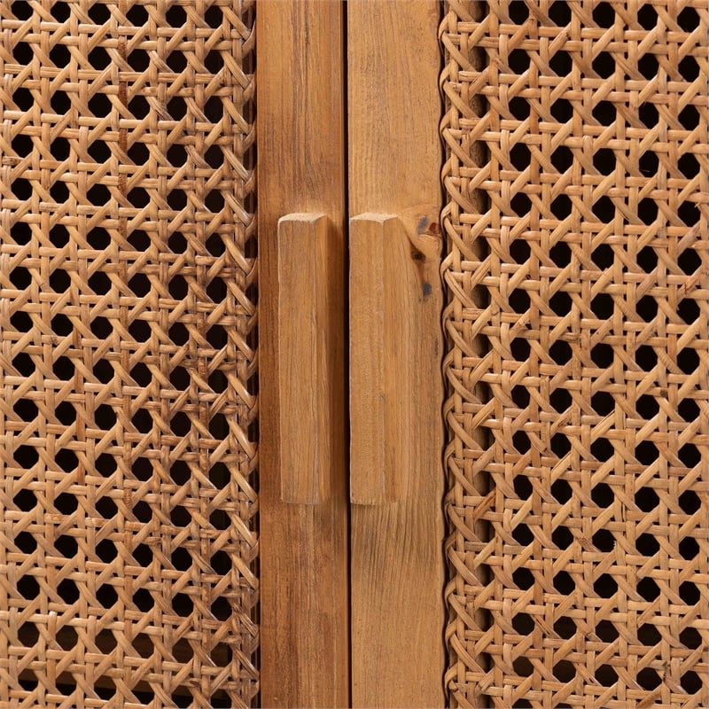 Pemberly Row Natural Rattan and Pine Wood Tall Cabinet with 3 Shelves