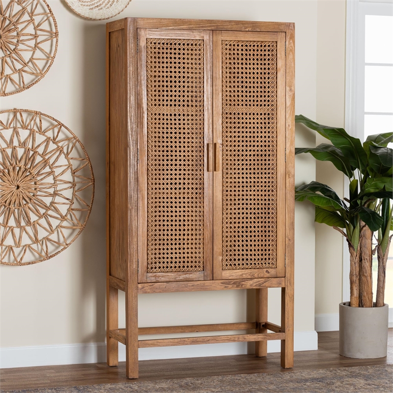 Pemberly Row Natural Rattan and Pine Wood Tall Cabinet with 3 Shelves