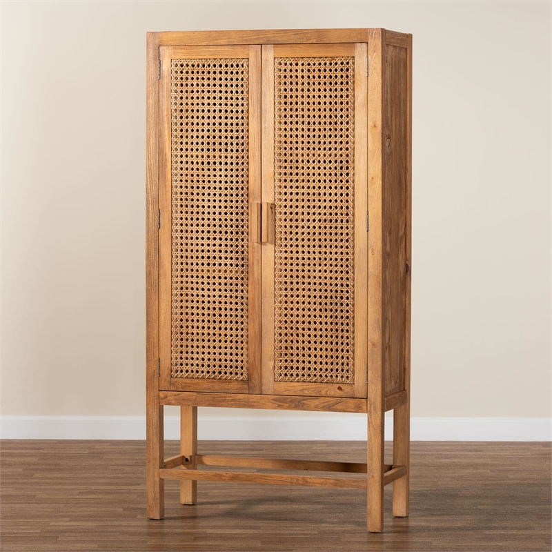 Pemberly Row Natural Rattan and Pine Wood Tall Cabinet with 3 Shelves