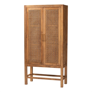 Pemberly Row Natural Rattan and Pine Wood Tall Cabinet with 3 Shelves