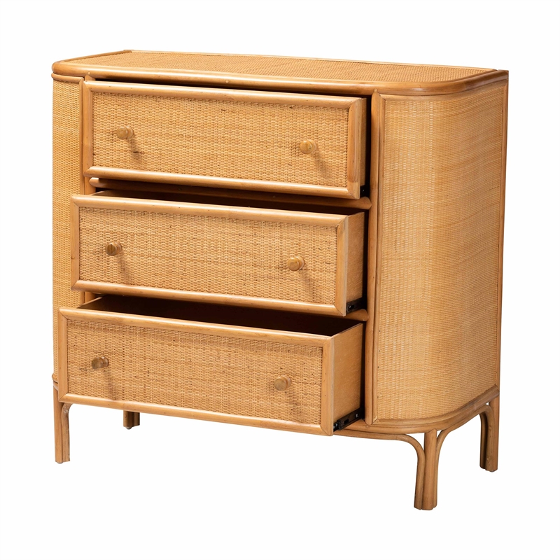 Pemberly Row Light Honey Rattan 3-Drawer Storage Cabinet with Woven Detail