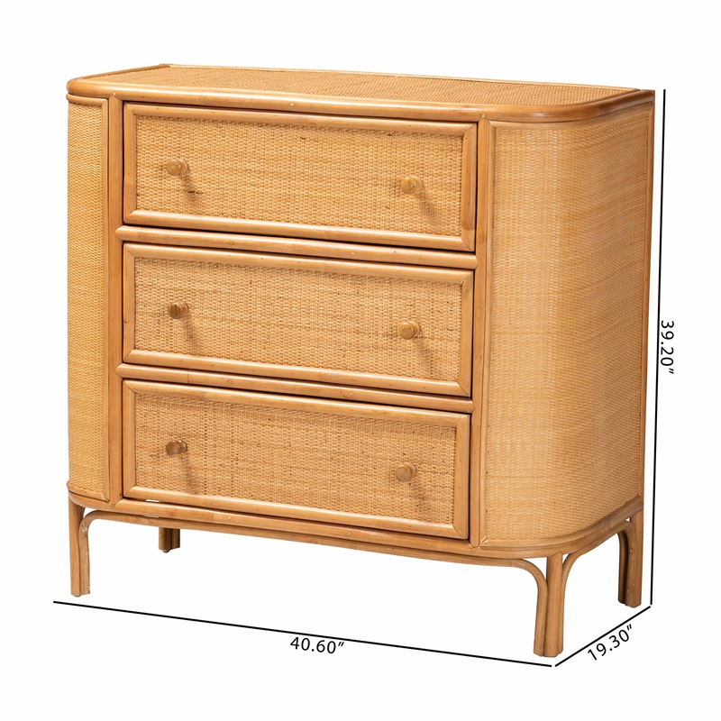 Pemberly Row Light Honey Rattan 3-Drawer Storage Cabinet with Woven Detail