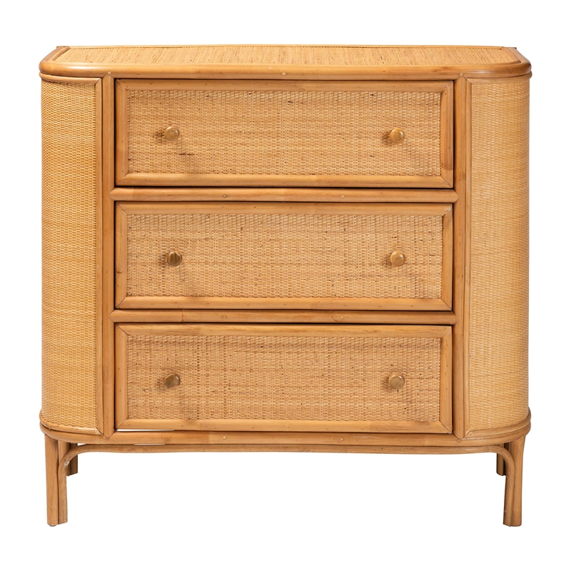 Pemberly Row Light Honey Rattan 3-Drawer Storage Cabinet with Woven Detail