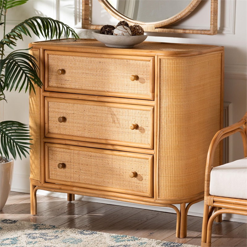 Pemberly Row Light Honey Rattan 3-Drawer Storage Cabinet with Woven Detail