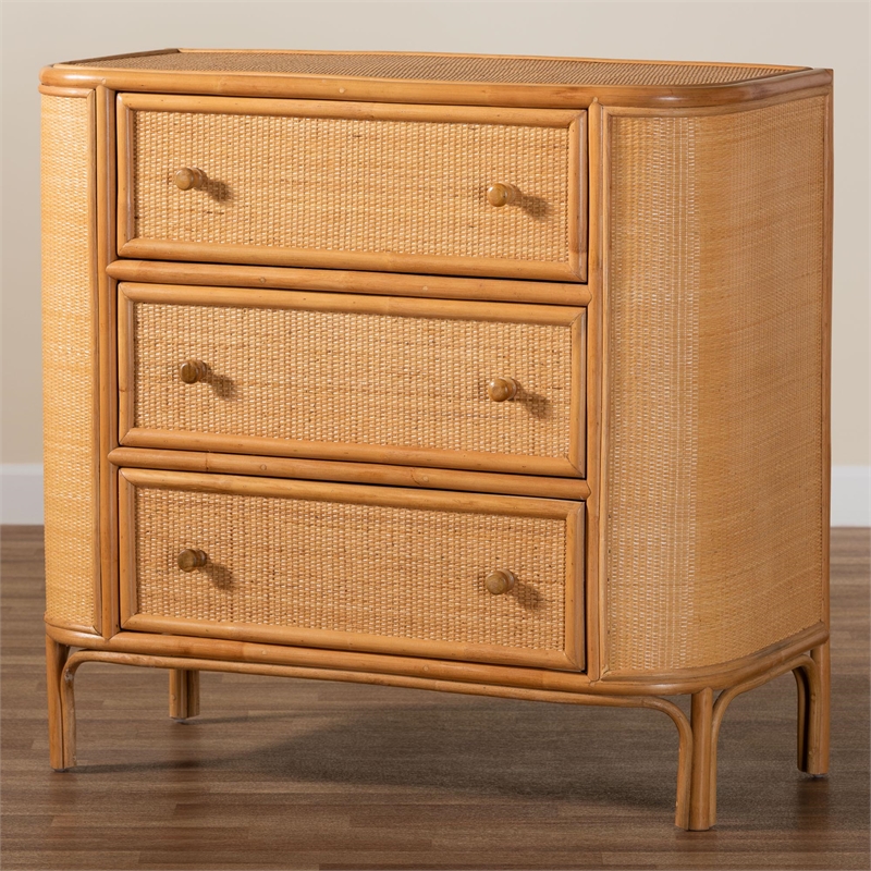 Pemberly Row Light Honey Rattan 3-Drawer Storage Cabinet with Woven Detail