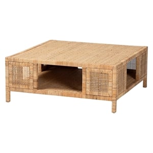 Pemberly Row Light Honey Rattan and Wood Square Coffee Table with Shelf