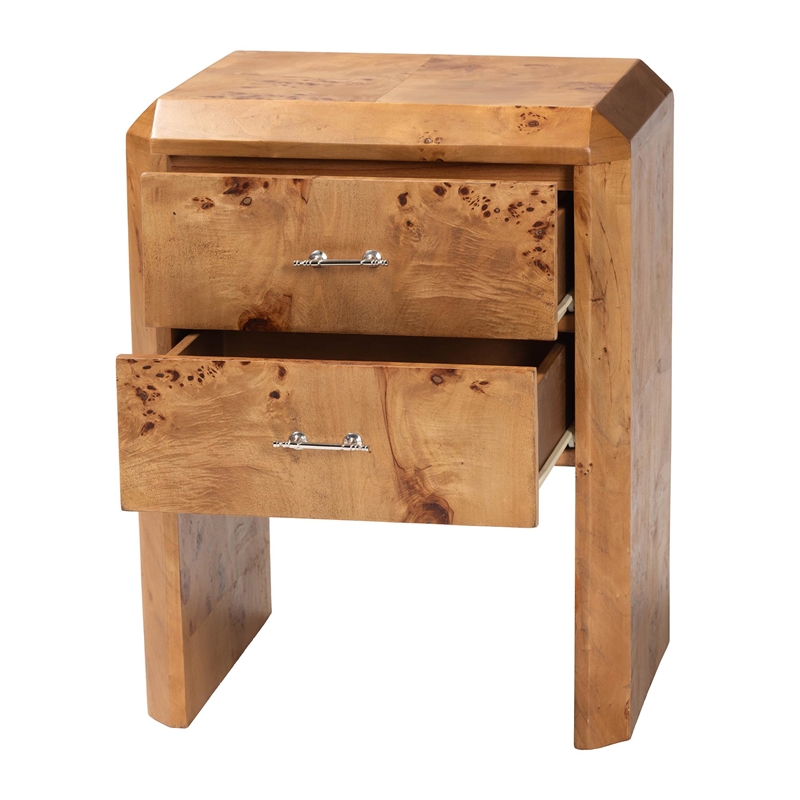 Pemberly Row Natural Mappa Burl Wood 2-Drawer Nightstand with Beveled Edges