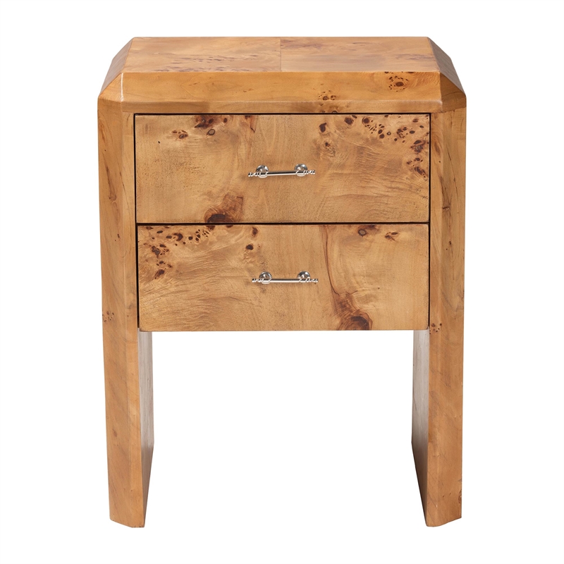 Pemberly Row Natural Mappa Burl Wood 2-Drawer Nightstand with Beveled Edges