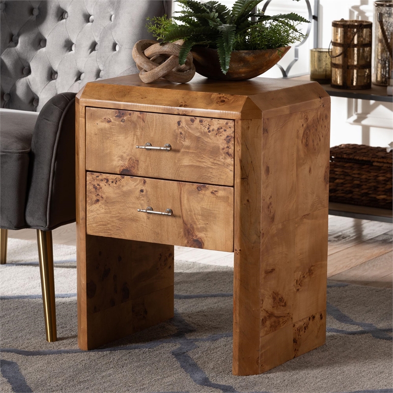 Pemberly Row Natural Mappa Burl Wood 2-Drawer Nightstand with Beveled Edges