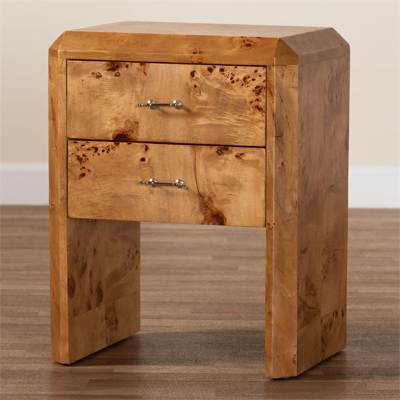 Pemberly Row Natural Mappa Burl Wood 2-Drawer Nightstand with Beveled Edges