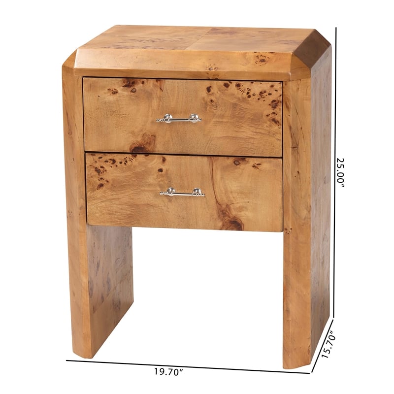 Pemberly Row Natural Mappa Burl Wood 2-Drawer Nightstand with Beveled Edges
