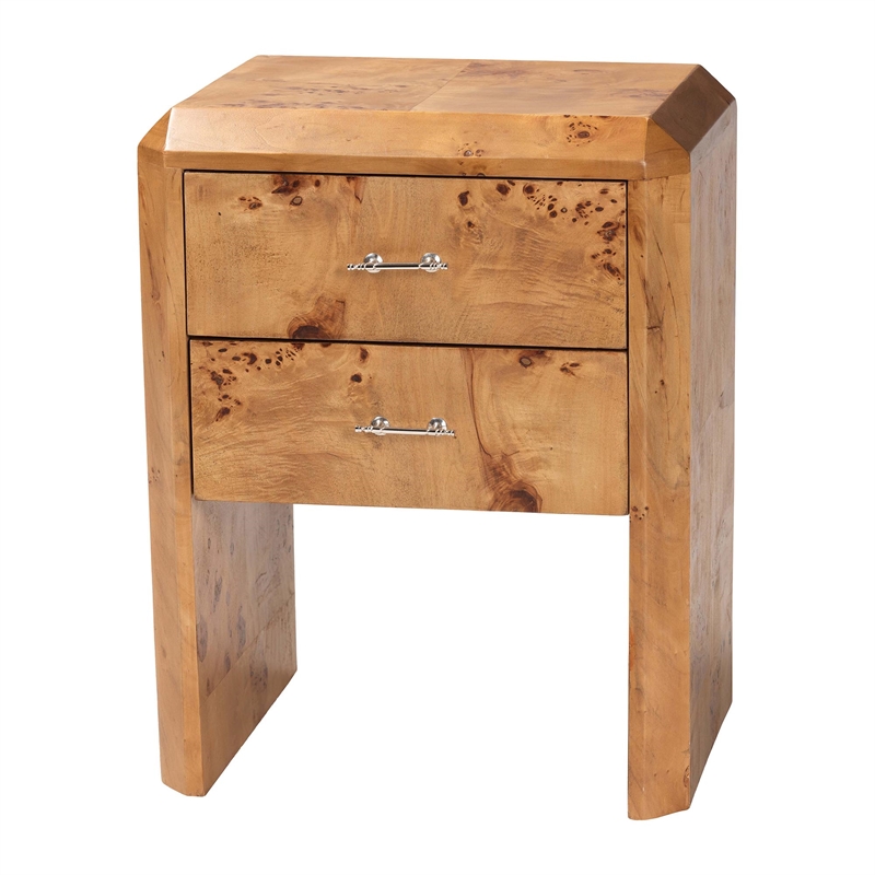 Pemberly Row Natural Mappa Burl Wood 2-Drawer Nightstand with Beveled Edges