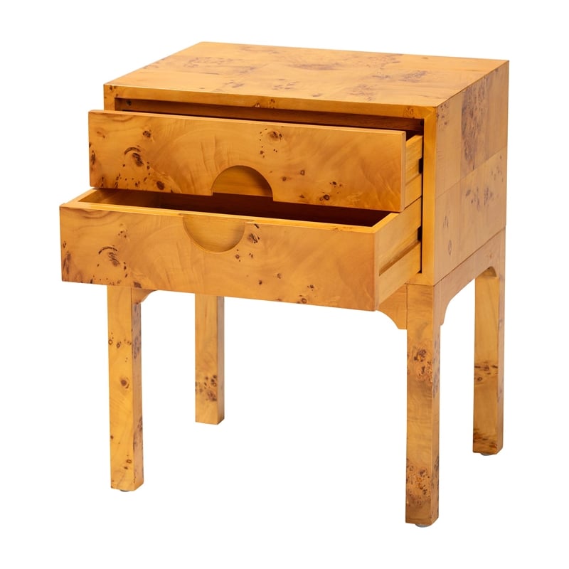 Pemberly Row Natural Mappa Burl Wood 2-Drawer Nightstand with Inset Handles