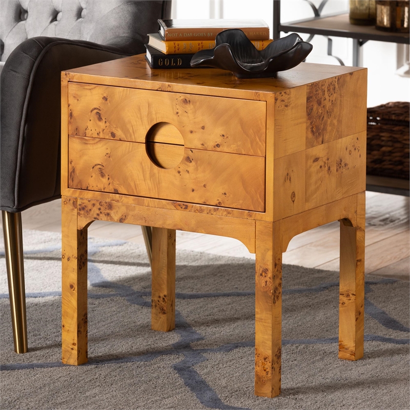 Pemberly Row Natural Mappa Burl Wood 2-Drawer Nightstand with Inset Handles
