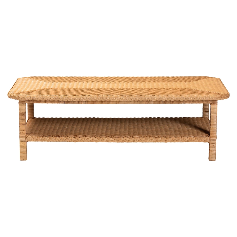 Pemberly Row Light Honey Braided Rattan Coffee Table with Open Shelf