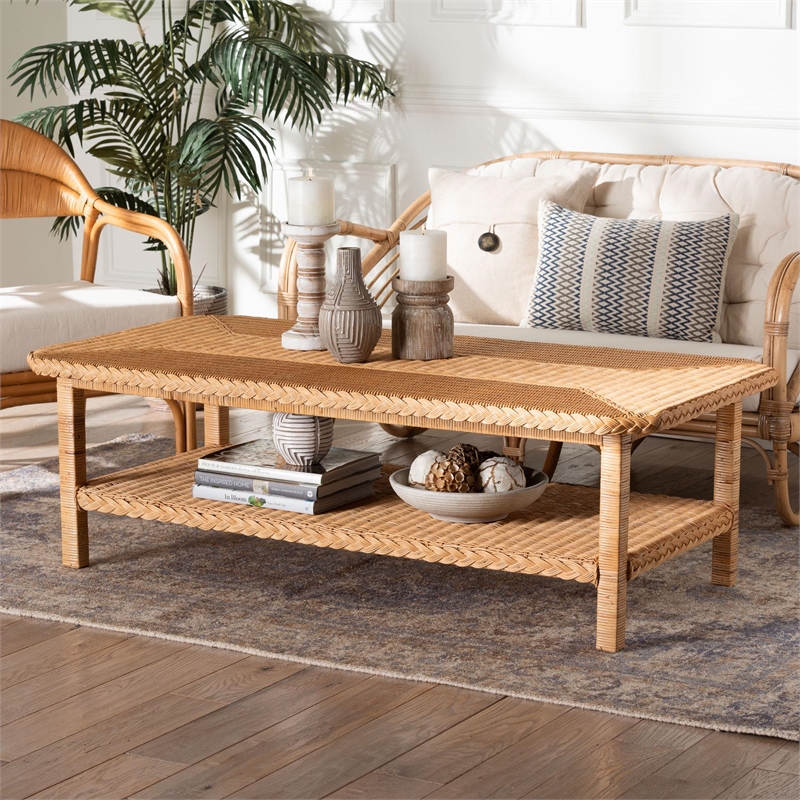 Pemberly Row Light Honey Braided Rattan Coffee Table with Open Shelf