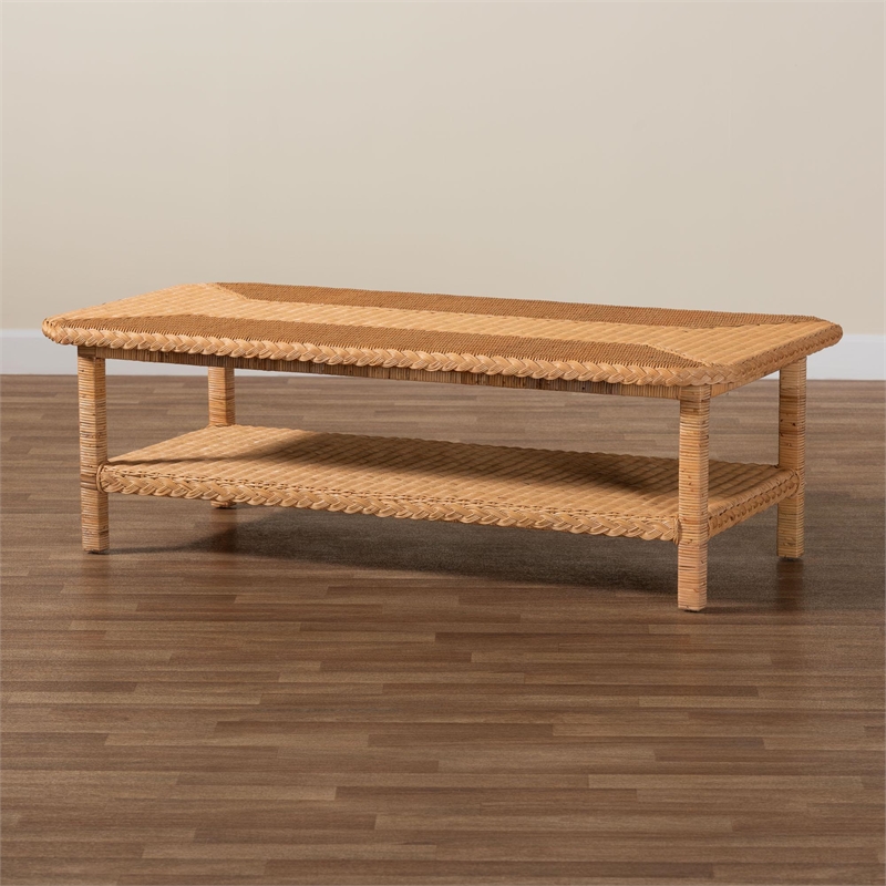 Pemberly Row Light Honey Braided Rattan Coffee Table with Open Shelf