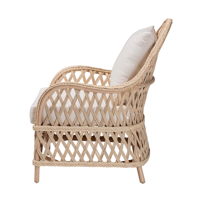 Pemberly Row Ivory Braided Rattan Arm Chair with Cushion and Pillow