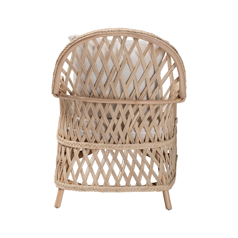 Pemberly Row Ivory Braided Rattan Arm Chair with Cushion and Pillow
