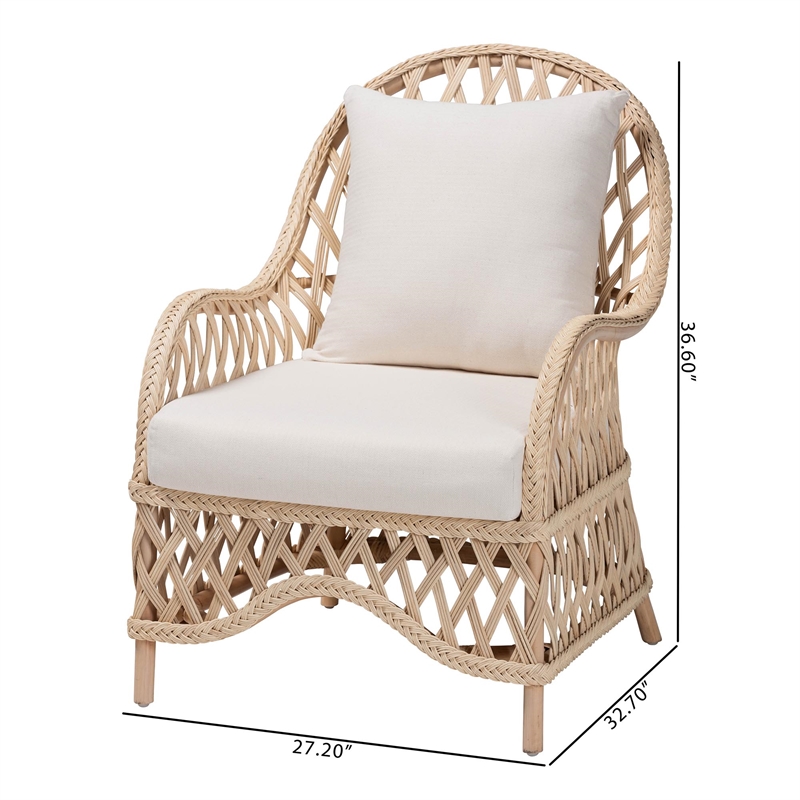 Pemberly Row Ivory Braided Rattan Arm Chair with Cushion and Pillow