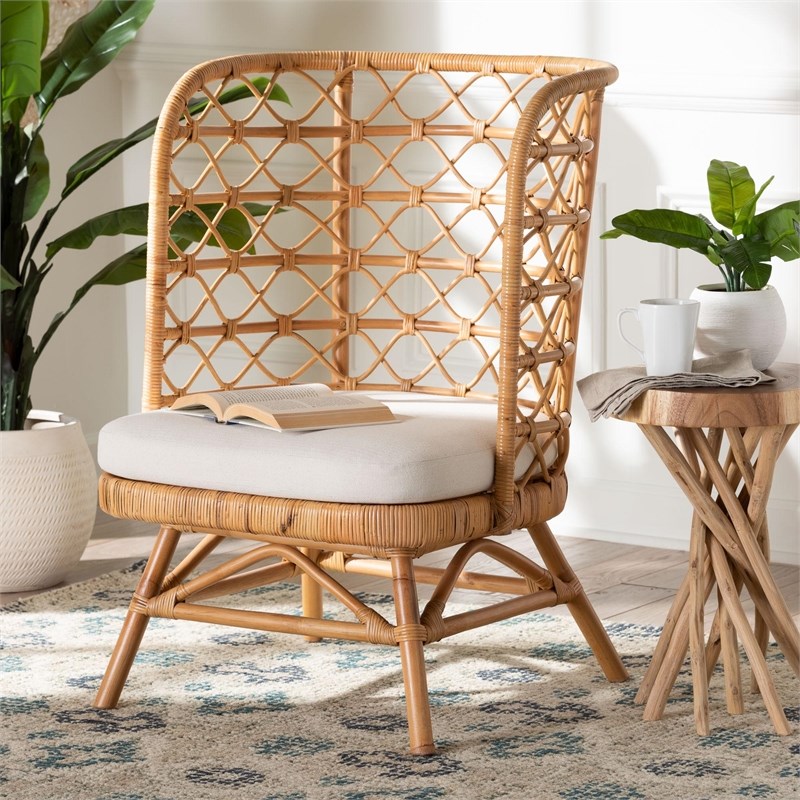 Pemberly Row Light Honey Rattan Accent Chair with Openwork Backrest