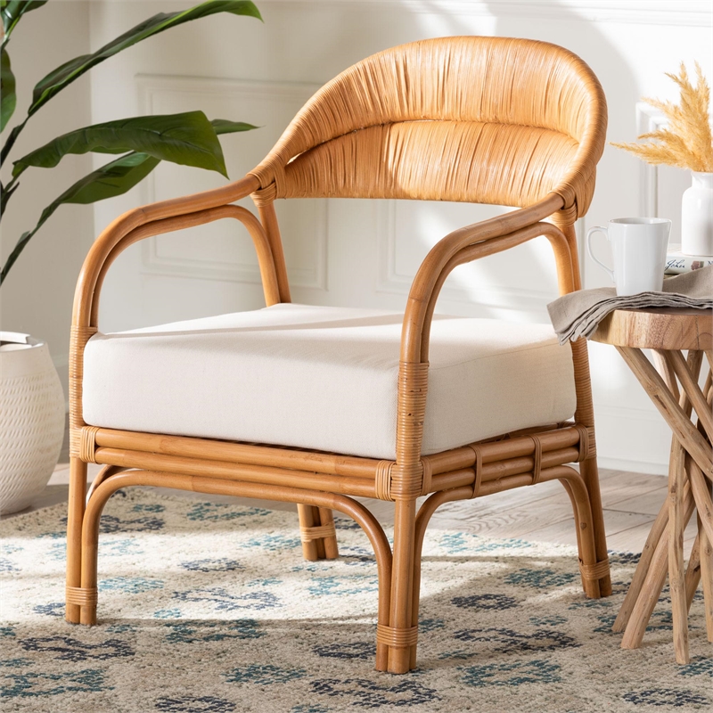 Pemberly Row Light Honey Rattan Arm Chair with Woven Backrest