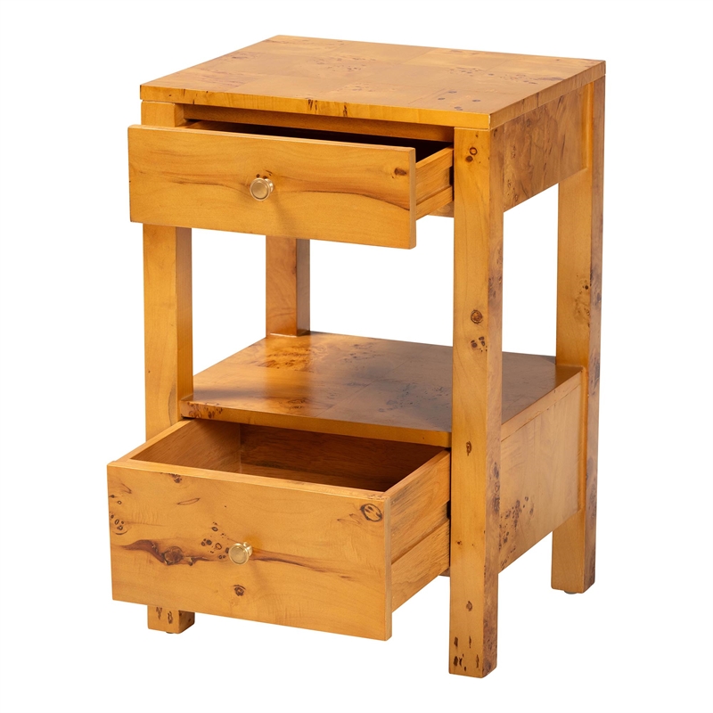 Pemberly Row Natural Mappa Burl Wood 2-Drawer Nightstand with Open Shelf