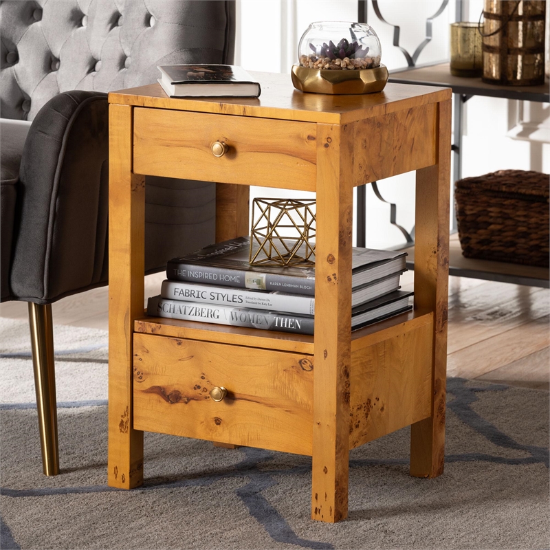 Pemberly Row Natural Mappa Burl Wood 2-Drawer Nightstand with Open Shelf