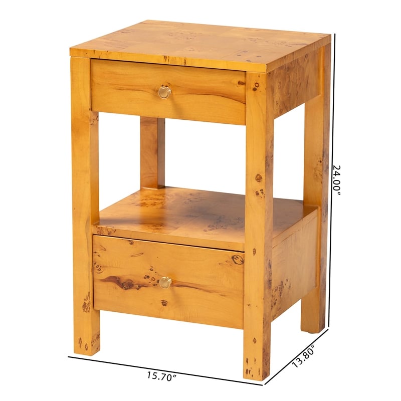 Pemberly Row Natural Mappa Burl Wood 2-Drawer Nightstand with Open Shelf