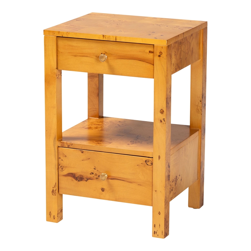 Pemberly Row Natural Mappa Burl Wood 2-Drawer Nightstand with Open Shelf