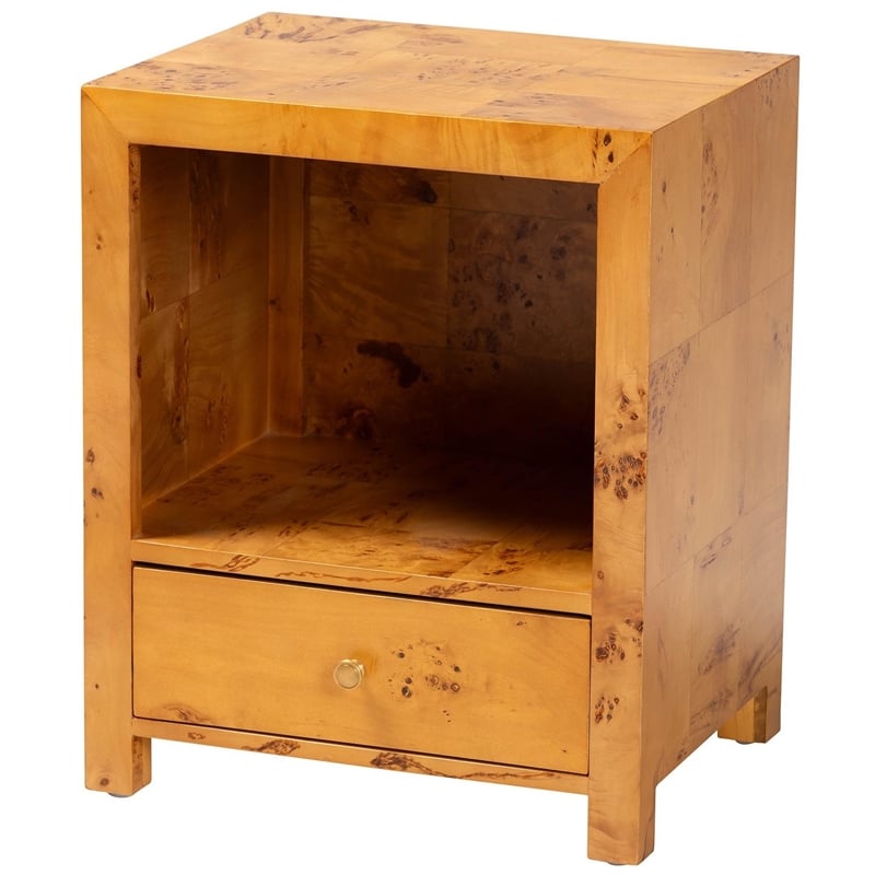 Pemberly Row Natural Mappa Burl Wood 1-Drawer Nightstand with Open Shelf