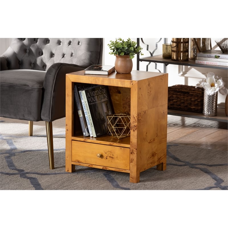 Pemberly Row Natural Mappa Burl Wood 1-Drawer Nightstand with Open Shelf