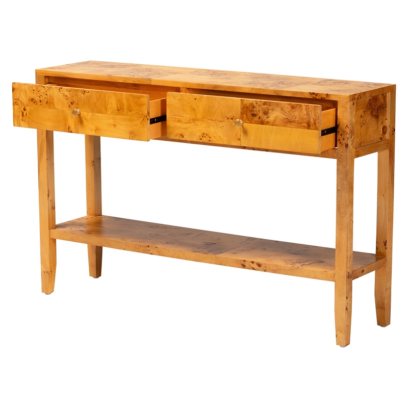 Pemberly Row Natural Mappa Burl Wood 2-Drawer Console Table with Shelf