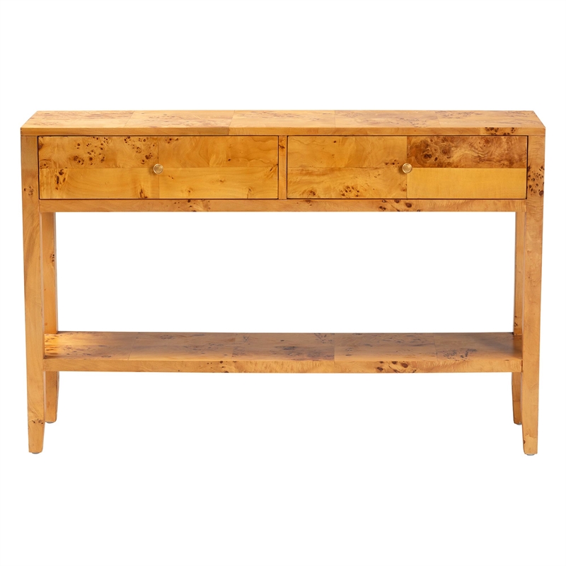 Pemberly Row Natural Mappa Burl Wood 2-Drawer Console Table with Shelf