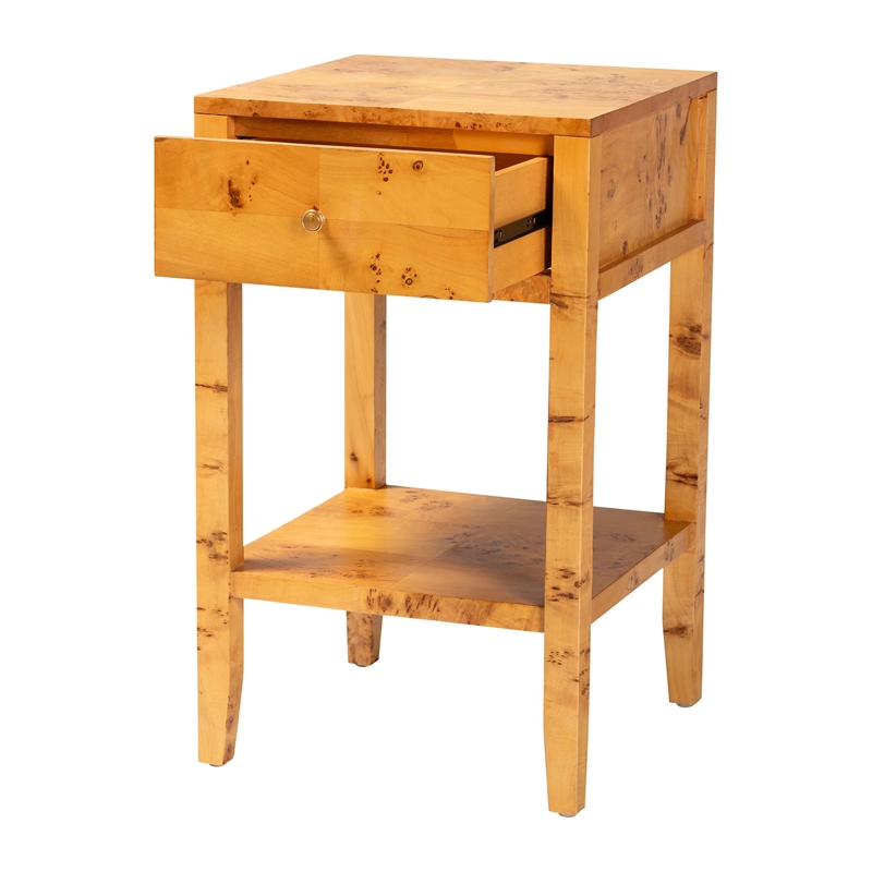 Pemberly Row Natural Mappa Burl Wood 1-Drawer Nightstand with Open Shelf