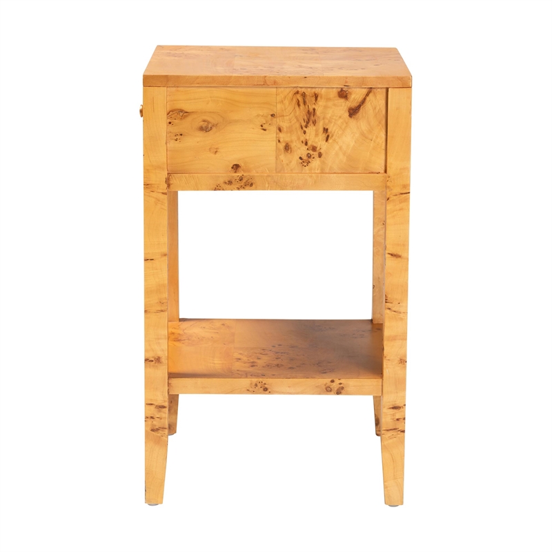 Pemberly Row Natural Mappa Burl Wood 1-Drawer Nightstand with Open Shelf