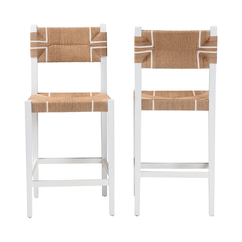Pemberly Row Paper Loom and White Mahogany Wood 2-Piece Bar Stool Set
