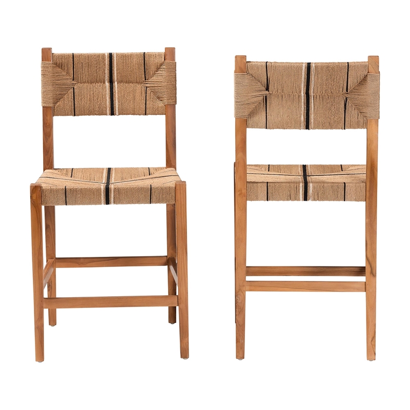 Pemberly Row Paper Loom and Natural Mahogany Wood 2-Piece Counter Stool Set