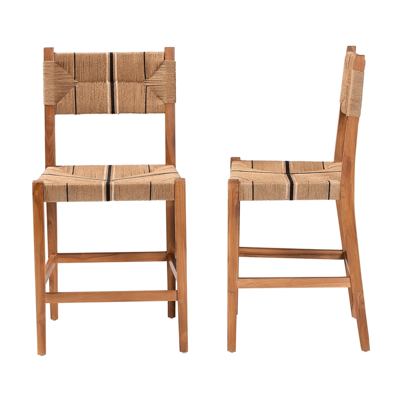 Pemberly Row Paper Loom and Natural Mahogany Wood 2-Piece Counter Stool Set