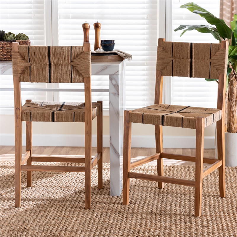 Pemberly Row Paper Loom and Natural Mahogany Wood 2-Piece Counter Stool Set