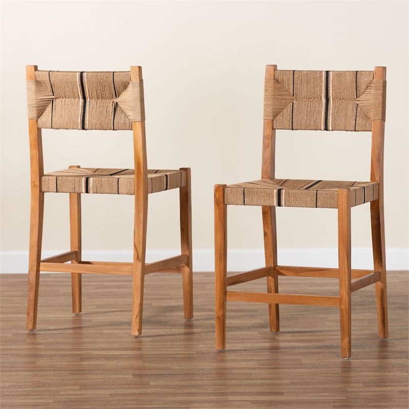 Pemberly Row Paper Loom and Natural Mahogany Wood 2-Piece Counter Stool Set